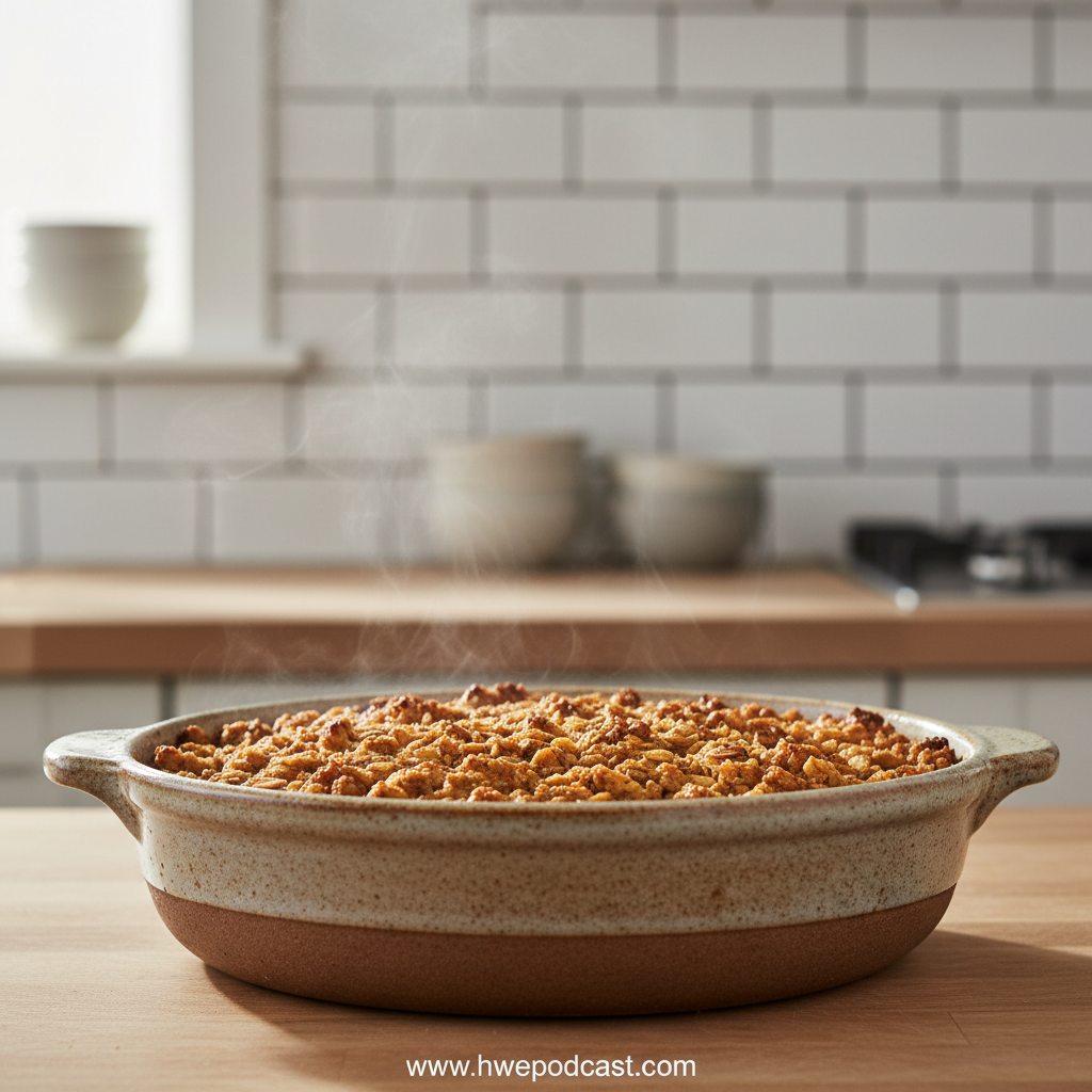 Delicious healthy breakfast apple crumble in a baking dish