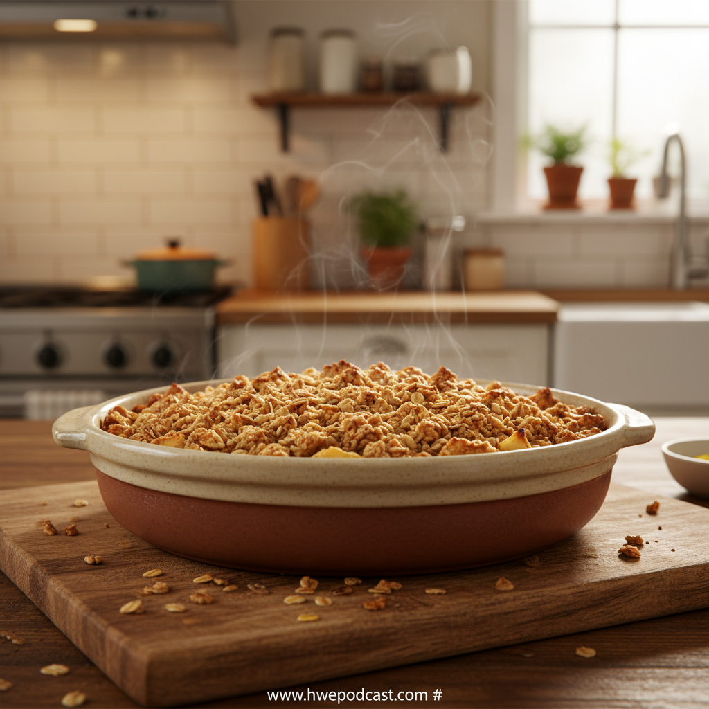 Beautiful healthy breakfast apple crumble with golden oat topping and fresh apples