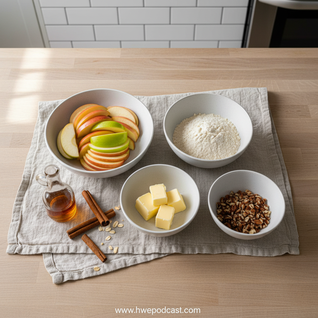 Ingredients for healthy breakfast apple crumble