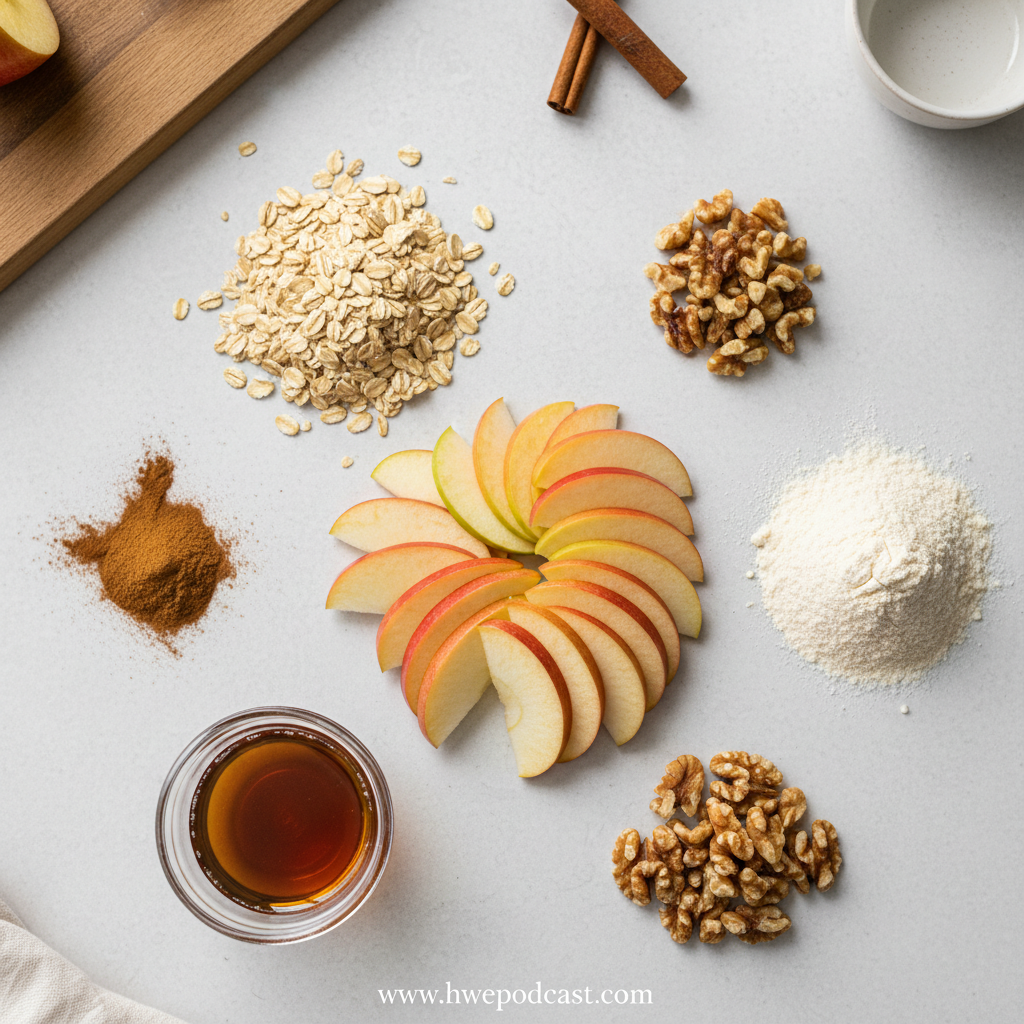 Ingredients for healthy breakfast apple crumble including oats, apples, cinnamon, and maple syrup