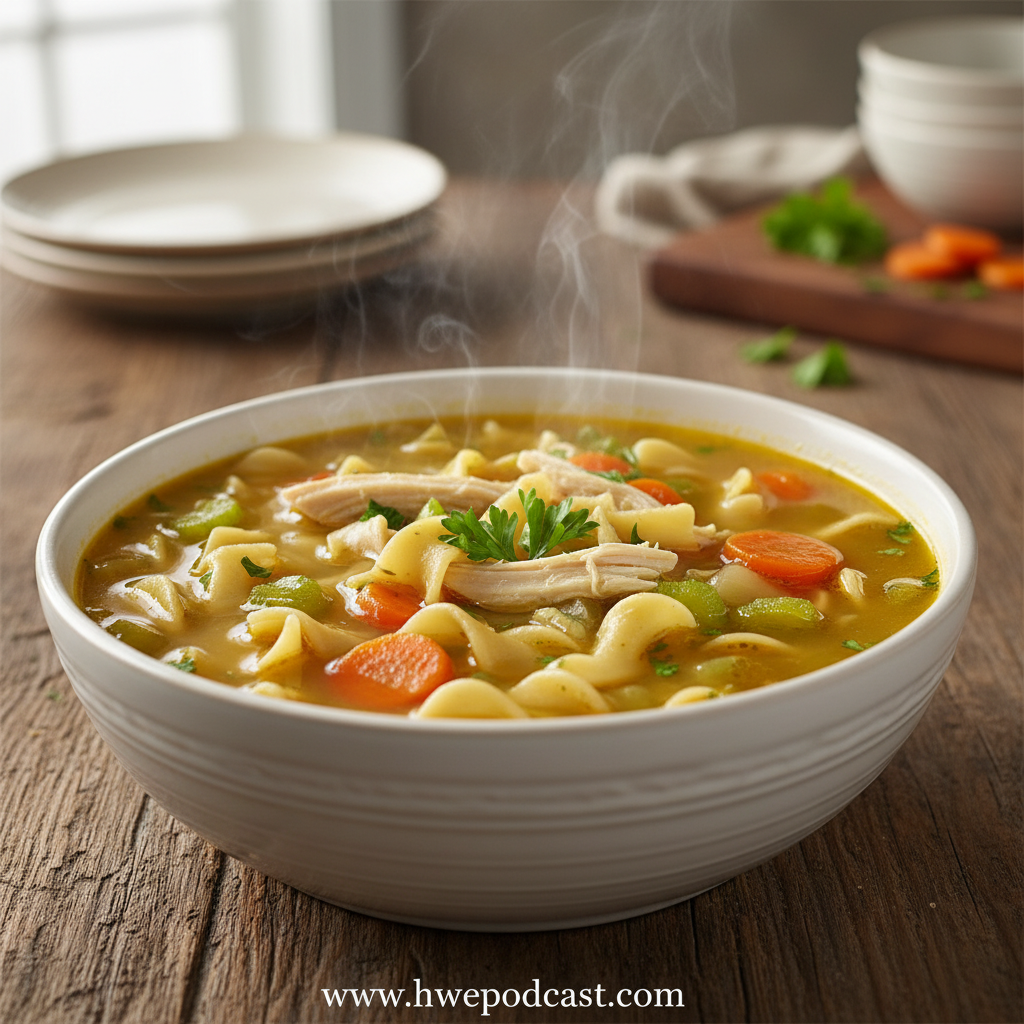 Homemade chicken noodle soup in a bowl with fresh herbs and vegetables