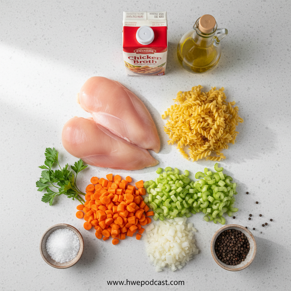 Fresh ingredients for homemade chicken soup including chicken, carrots, celery, onions and herbs