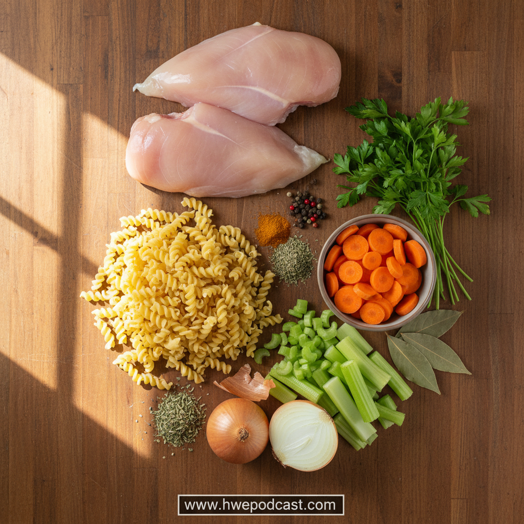 Fresh ingredients for homemade chicken noodle soup arranged on kitchen counter