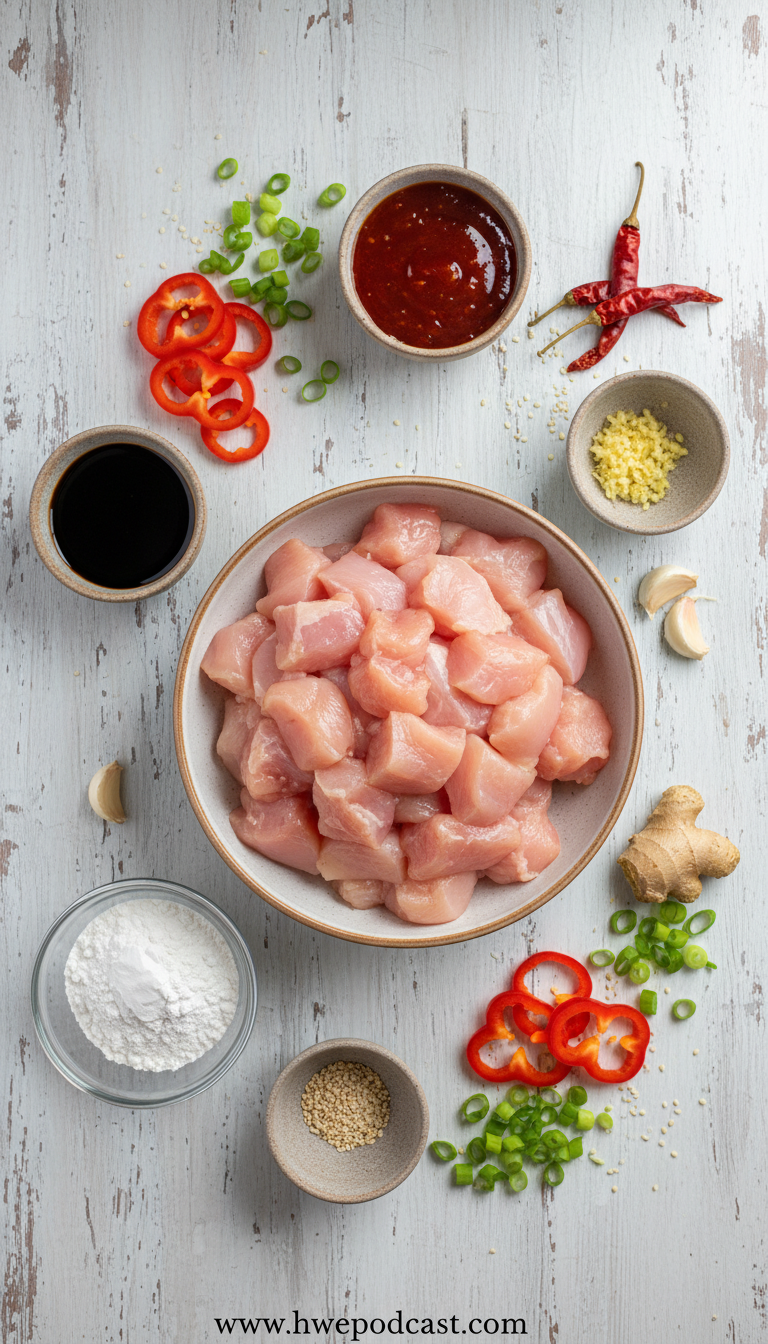 Ingredients for sweet chili chicken including chicken, sweet chili sauce, soy sauce, and vegetables