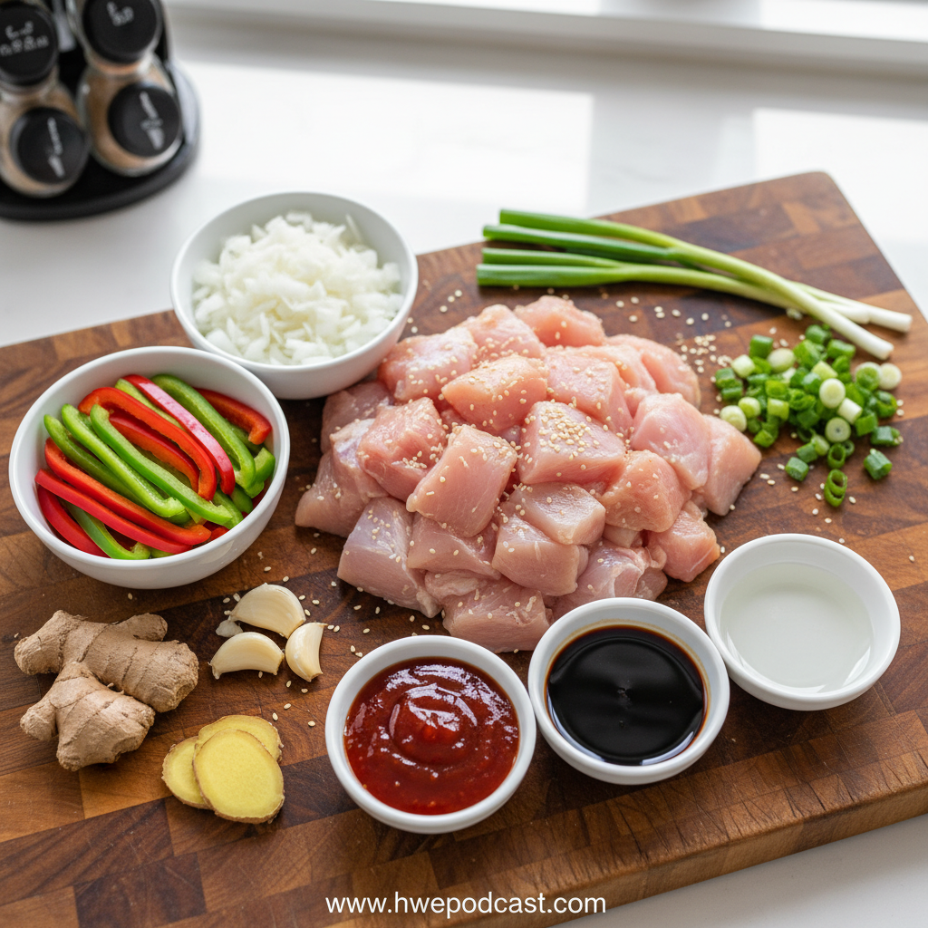 Fresh ingredients for sweet chili chicken including chicken breast, chili sauce, and seasonings