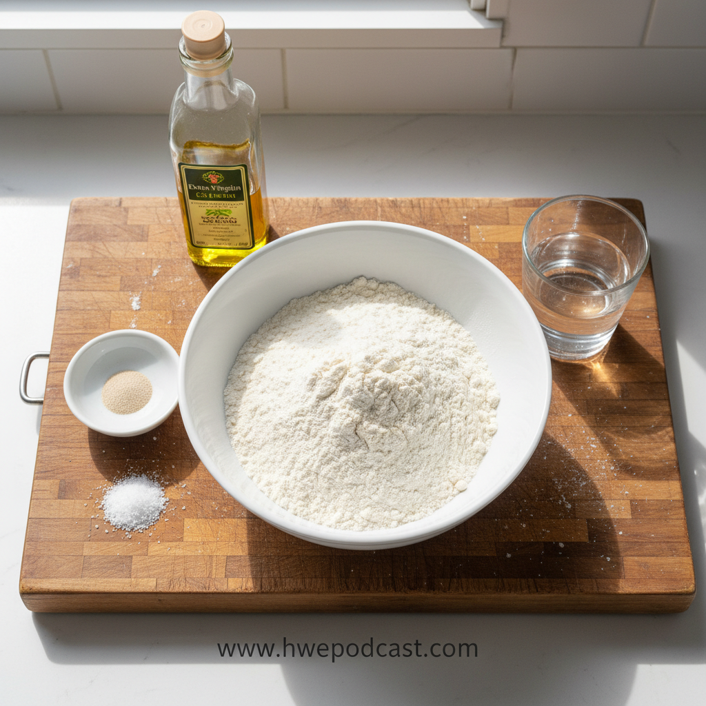 Ingredients for homemade pizza dough including flour, yeast, and olive oil