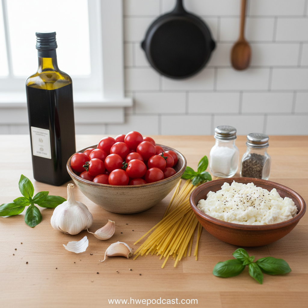 Ingredients for roasted tomato garlic ricotta pasta