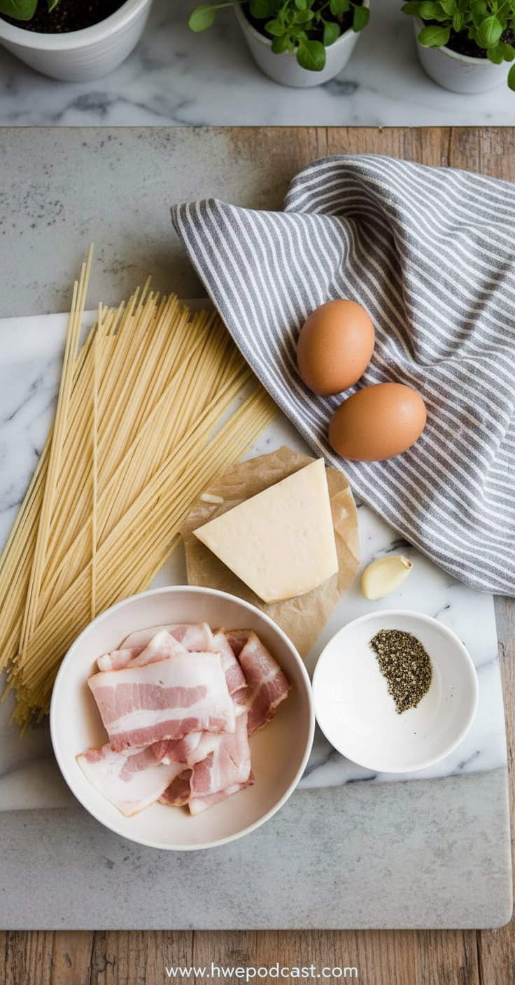 Fresh ingredients for spaghetti carbonara including eggs, cheese, and pasta