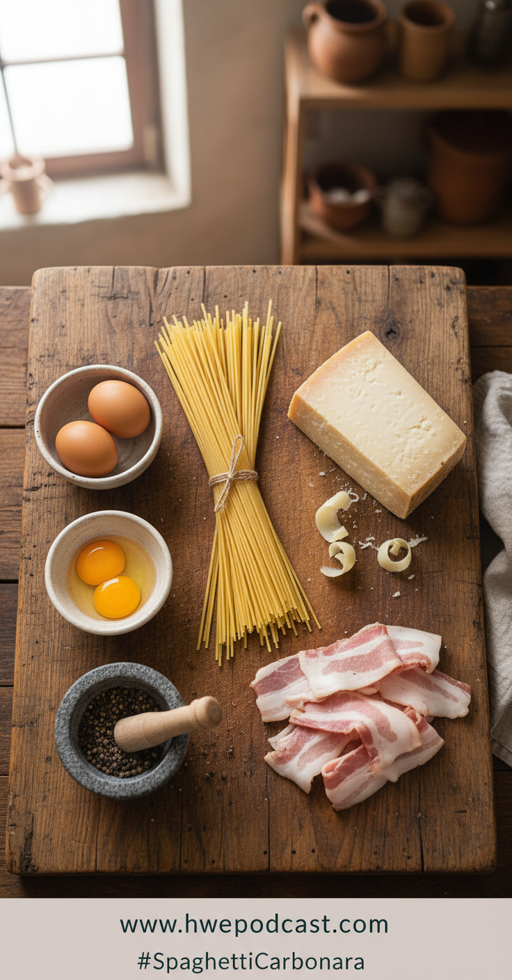 Ingredients for spaghetti carbonara including pasta, eggs, cheese and seasonings