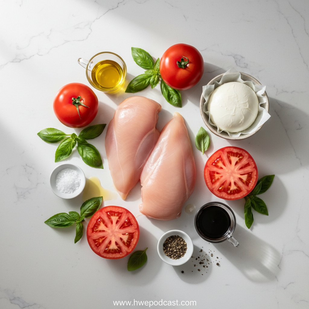 Ingredientes para pollo caprese keto: pechugas de pollo, tomates, albahaca, mozzarella y vinagre balsámico