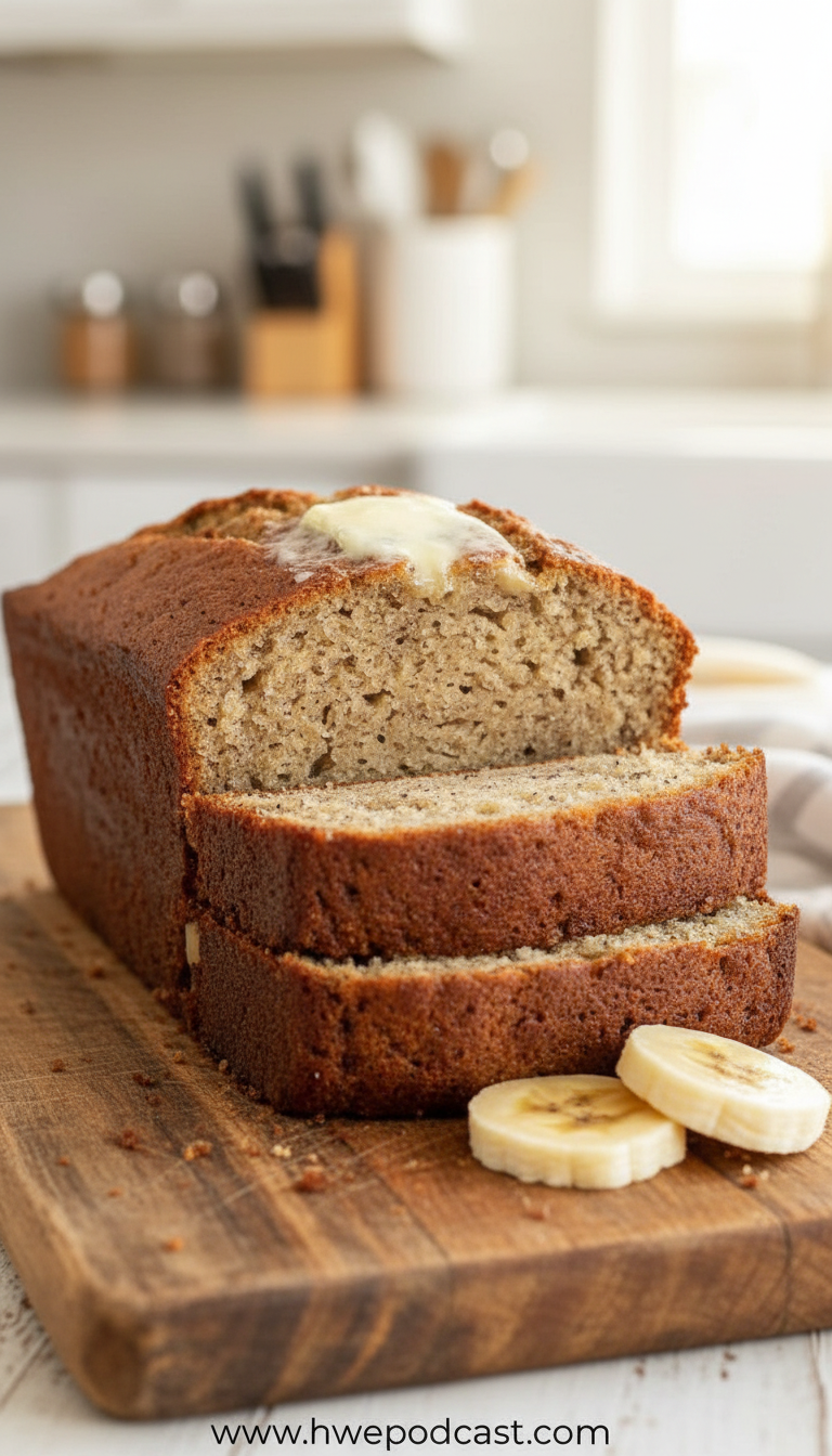 Beautiful golden brown banana bread loaf with sliced bananas