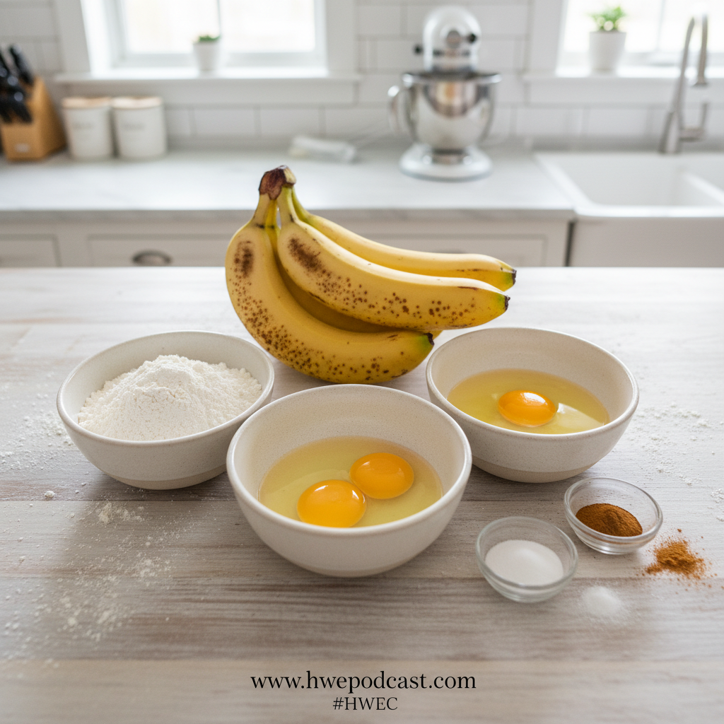 Banana bread ingredients laid out on counter