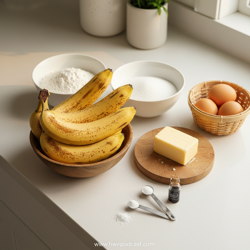 Banana bread ingredients laid out on counter: bananas, flour, eggs, sugar, butter