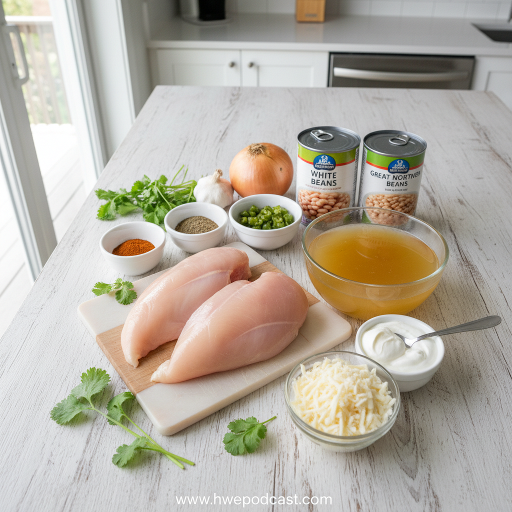 Ingredients for white chicken chili including chicken, beans, corn, and spices
