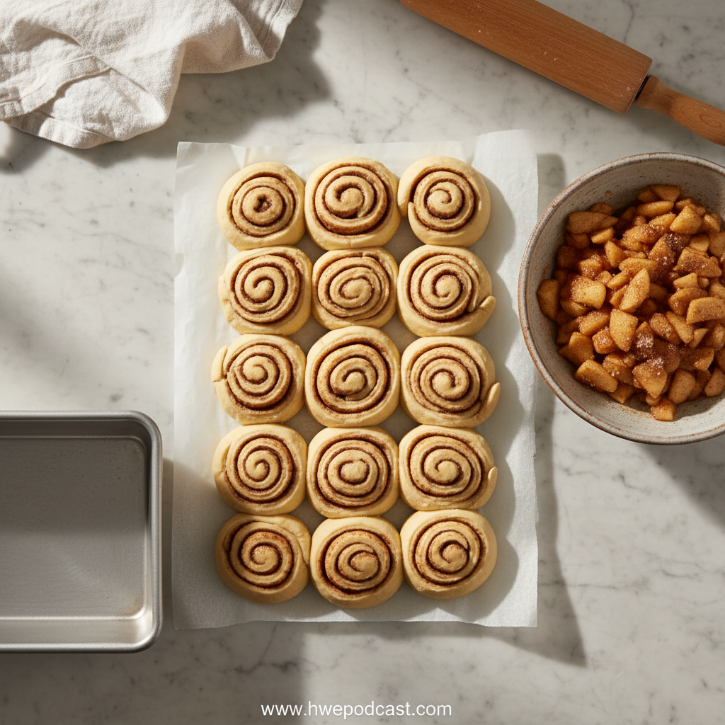 Simple ingredients for apple cinnamon roll bake: cinnamon rolls and apple pie filling