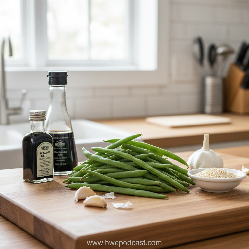 Fresh green beans, sesame oil, garlic, soy sauce, and sesame seeds ingredients
