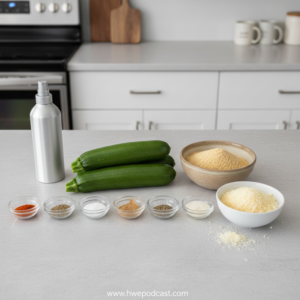 Ingredients for air fryer zucchini fries including zucchini, breadcrumbs, and spices
