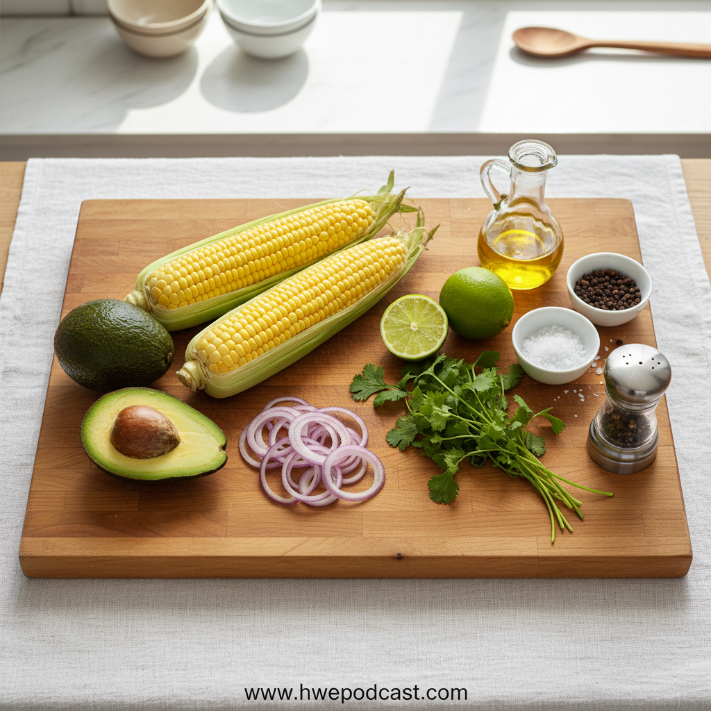 Fresh ingredients for avocado corn salad laid out on counter