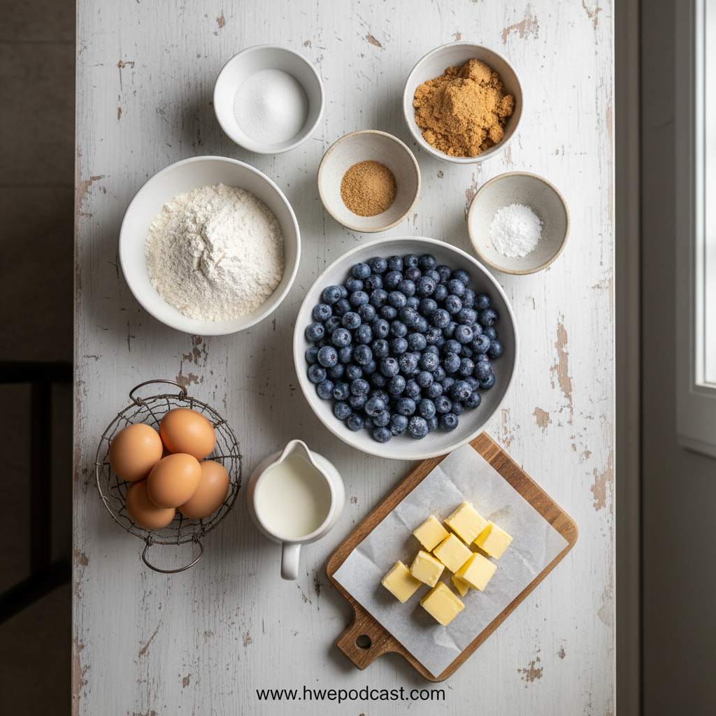 Ingredients for bakery style blueberry muffins with streusel