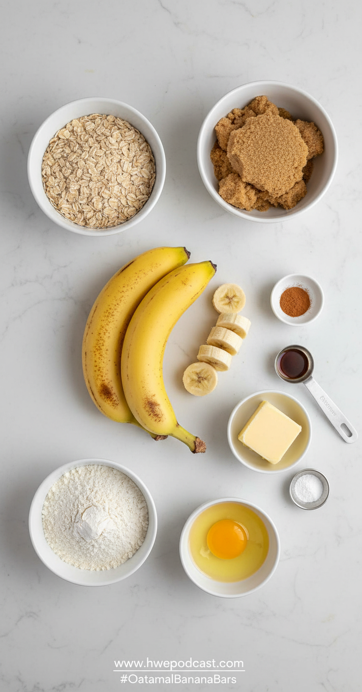 Ingredients for banana oatmeal bars including oats, bananas, and spices