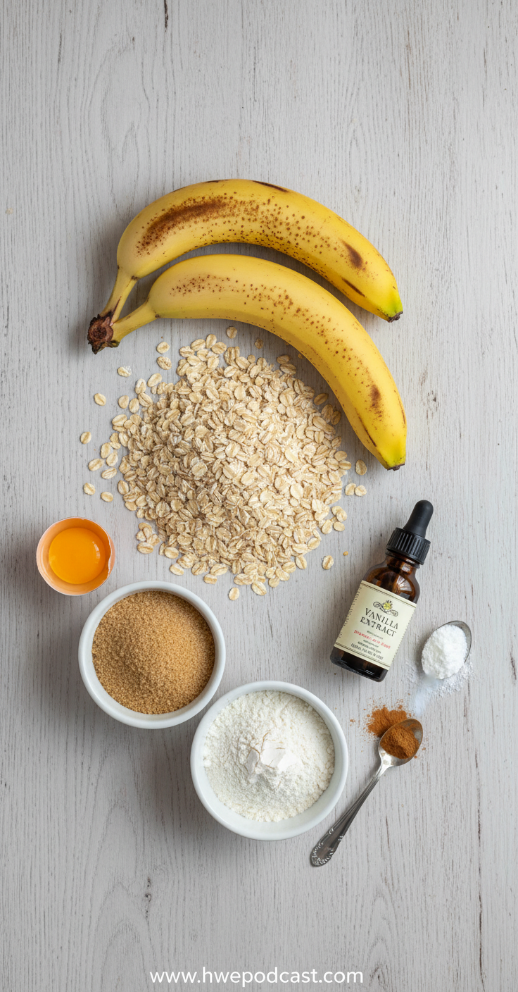 Ingredients for banana oatmeal bars: oats, banana, cinnamon, maple syrup