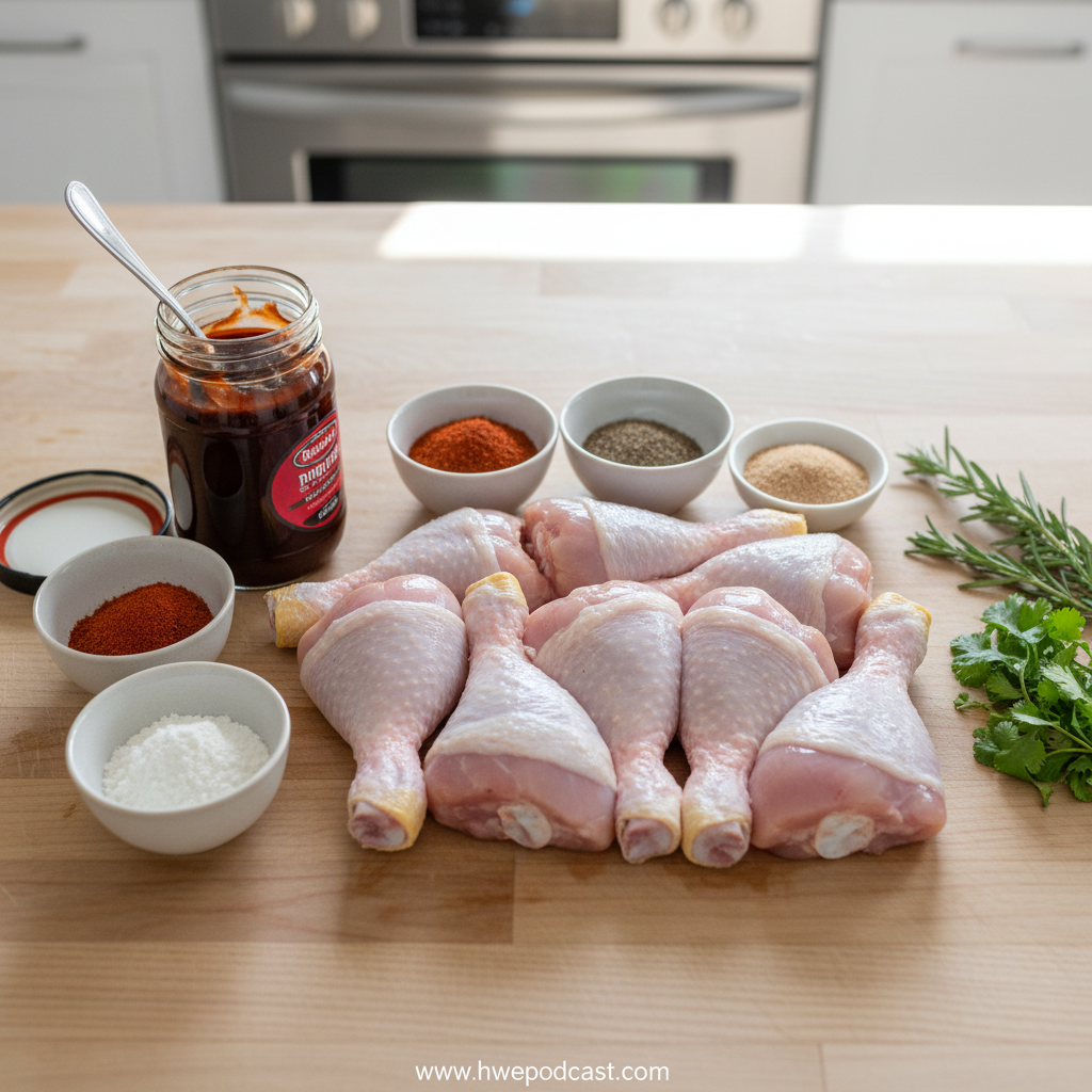 Ingredients for crockpot BBQ chicken legs including chicken, BBQ sauce, and spices