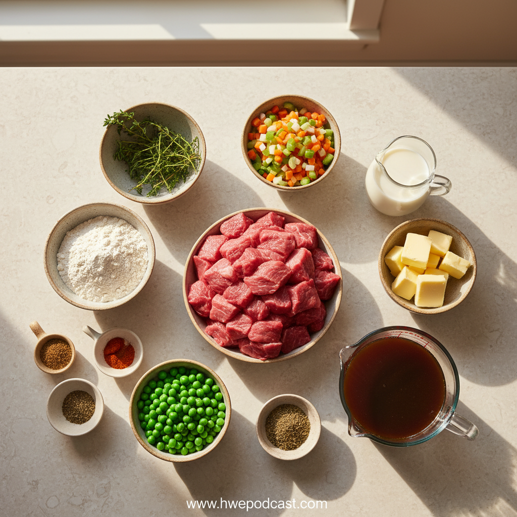 Fresh ingredients for herbed biscuit beef pot pie