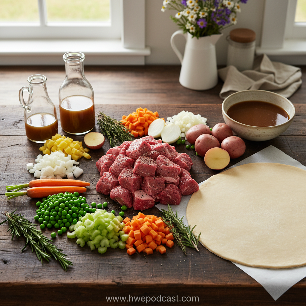Ingredients for making beef pot pie including beef, vegetables, and pastry