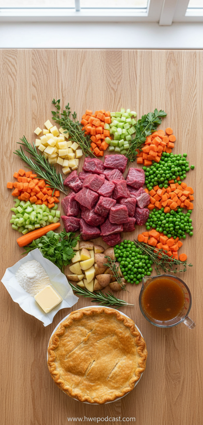 Fresh ingredients for beef pot pie including beef, vegetables, and pastry