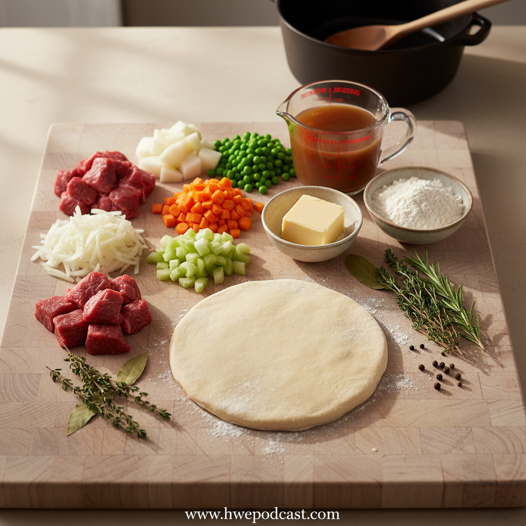 Fresh ingredients for making beef pot pie