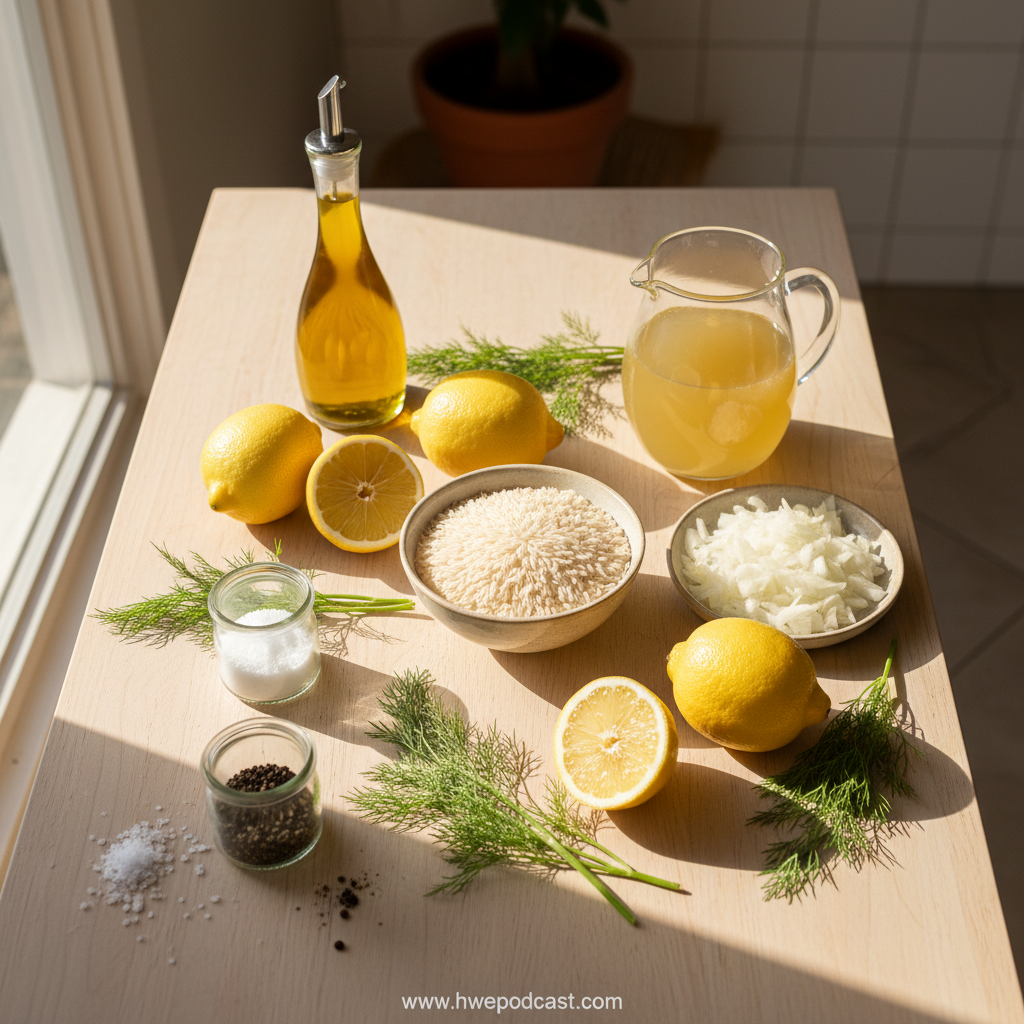 Ingredients for Greek lemon rice including rice, lemons, olive oil, and fresh herbs