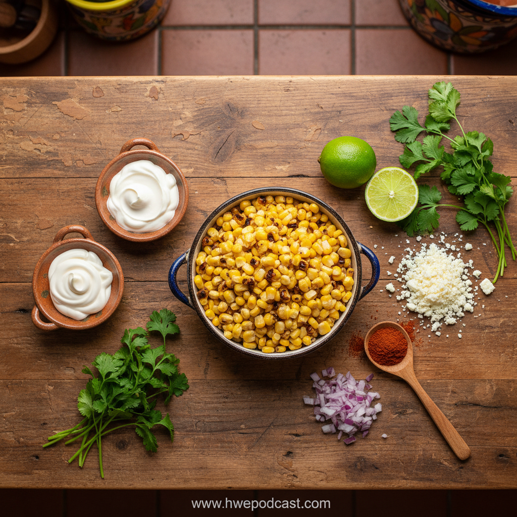 Fresh ingredients for Mexican corn salad including corn, lime, chili powder, and cotija cheese