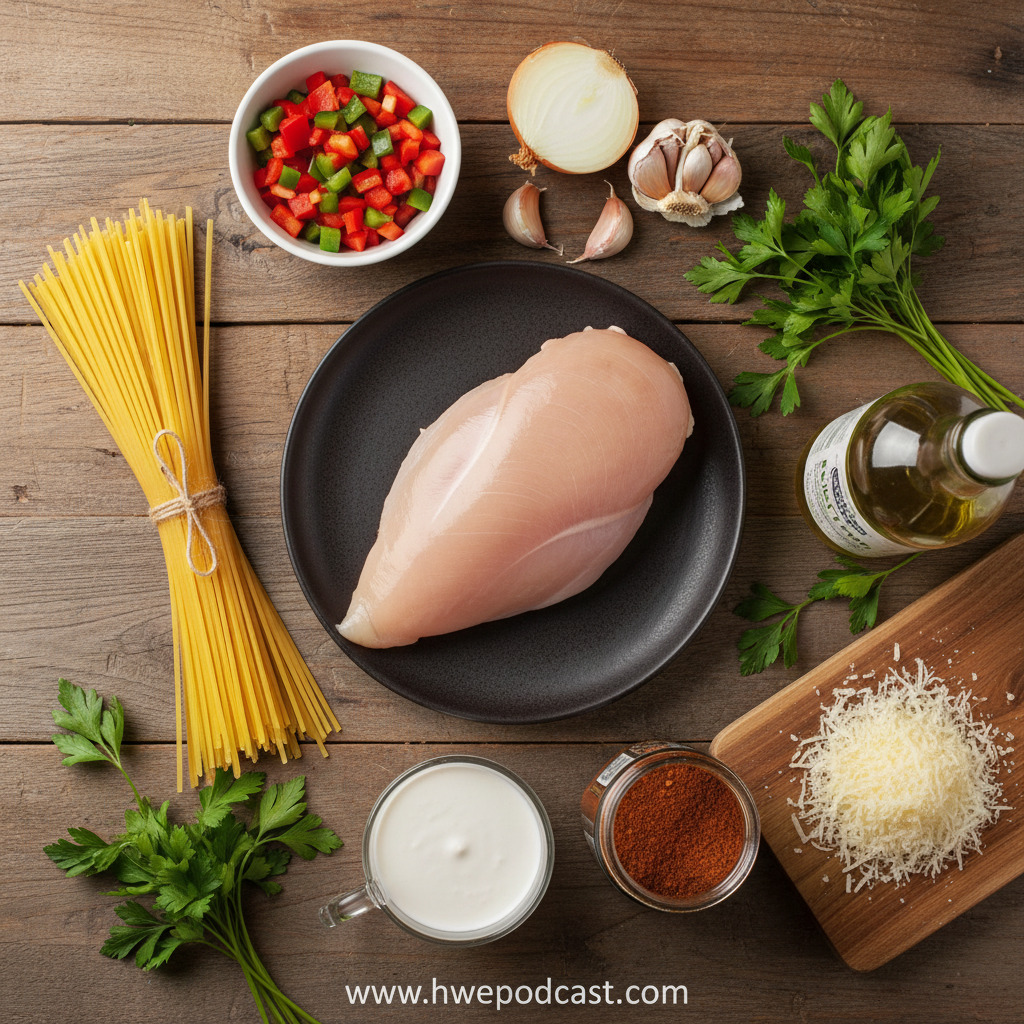 Ingredients for Cajun chicken spaghetti including chicken, pasta, cream, and seasonings