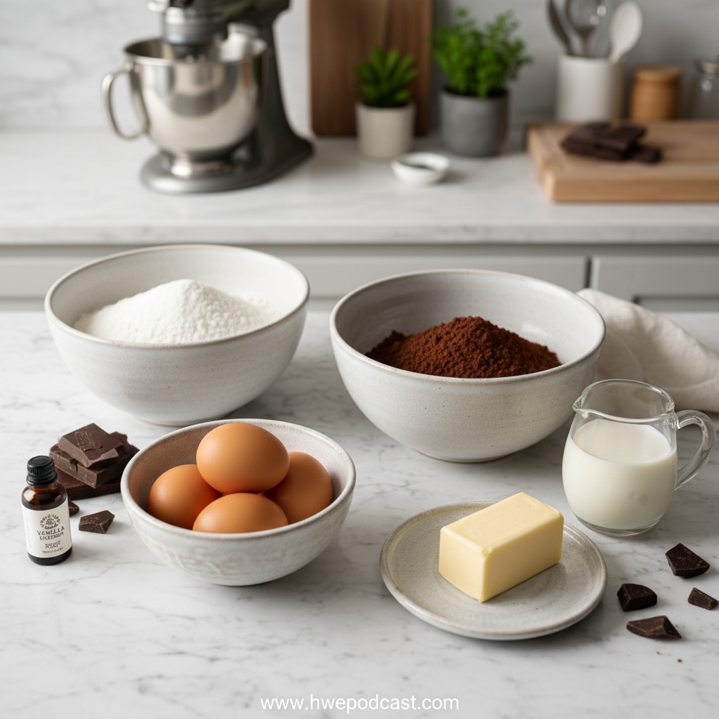 Ingredients for Brick Street Chocolate Cake laid out on counter