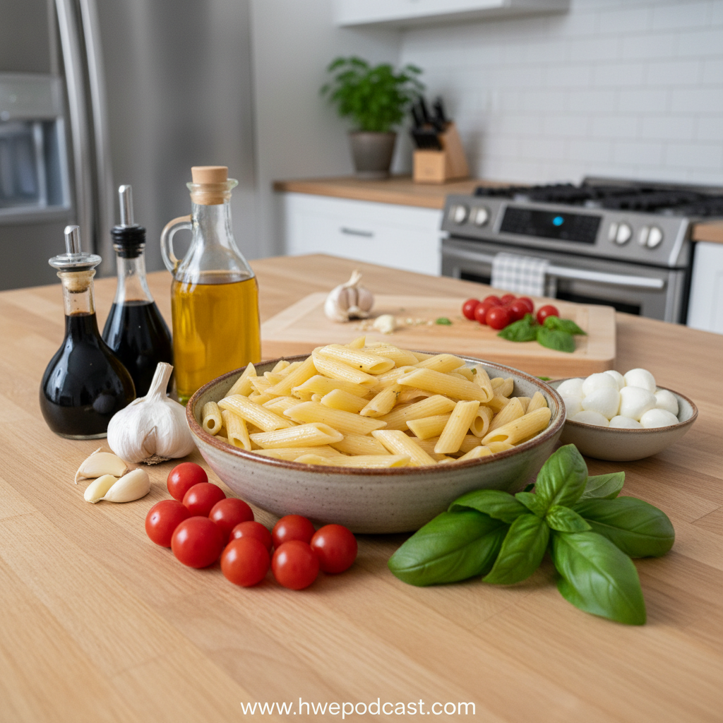 Fresh ingredients for bruschetta pasta salad including tomatoes, basil, garlic, and pasta