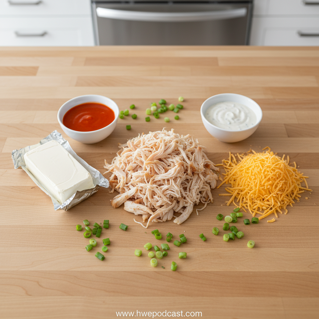 Ingredients for buffalo chicken dip arranged on counter