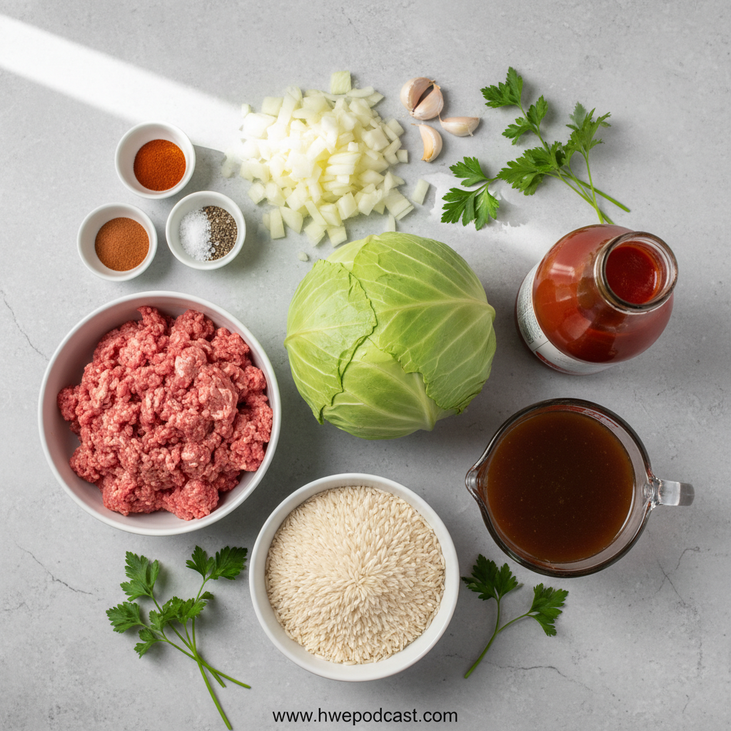 Fresh ingredients for cabbage roll soup preparation