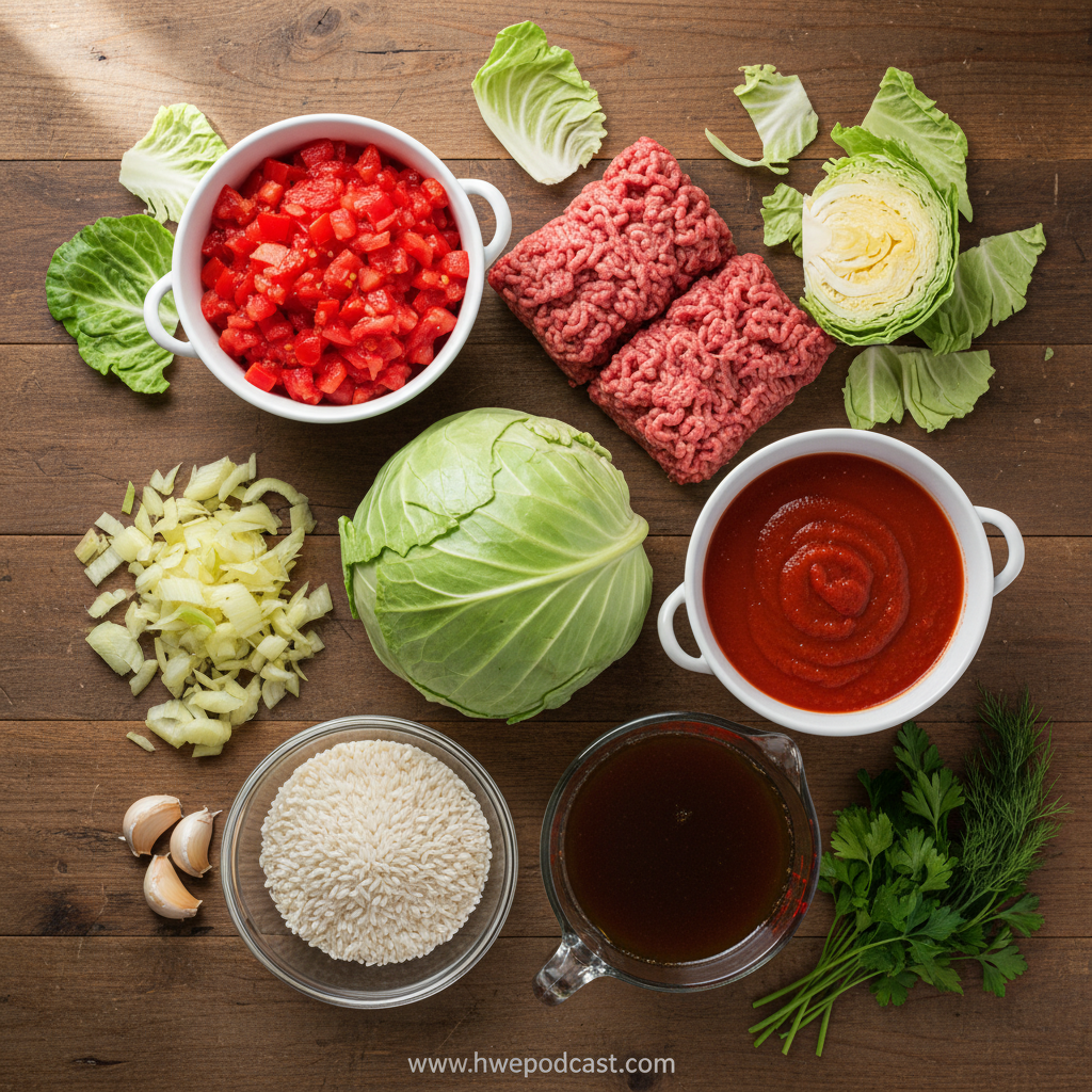 Ingredients for cabbage roll soup including cabbage, ground beef, tomatoes, rice, and seasonings