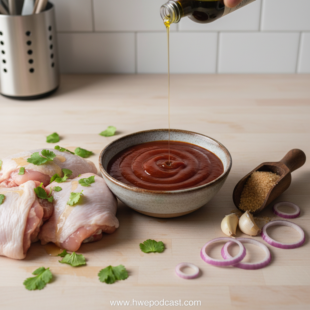 Ingredients for BBQ chicken thighs including chicken, BBQ sauce, and spices