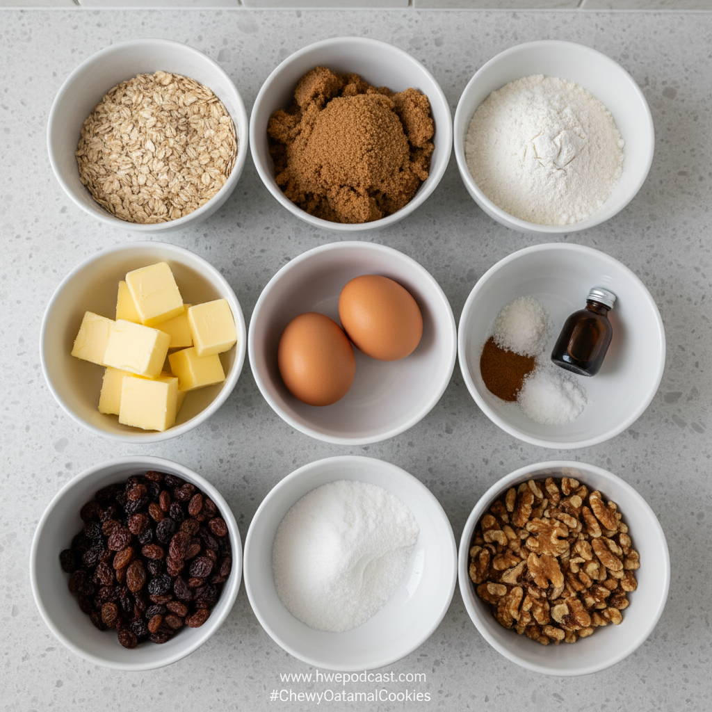 Ingredients for chewy oatmeal cookies including oats, flour, brown sugar, and butter