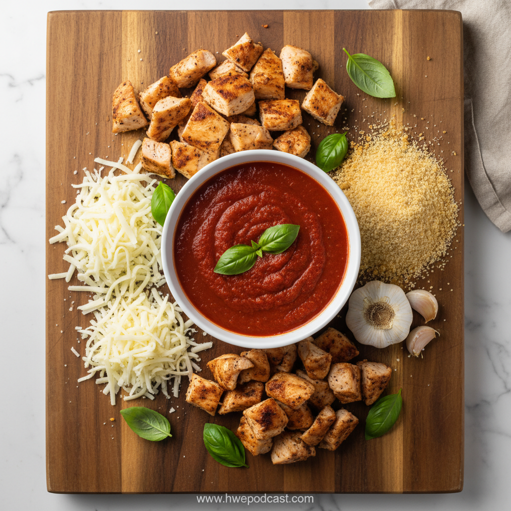 Ingredients for chicken Parmesan casserole: chicken breasts, marinara sauce, mozzarella cheese, Parmesan cheese