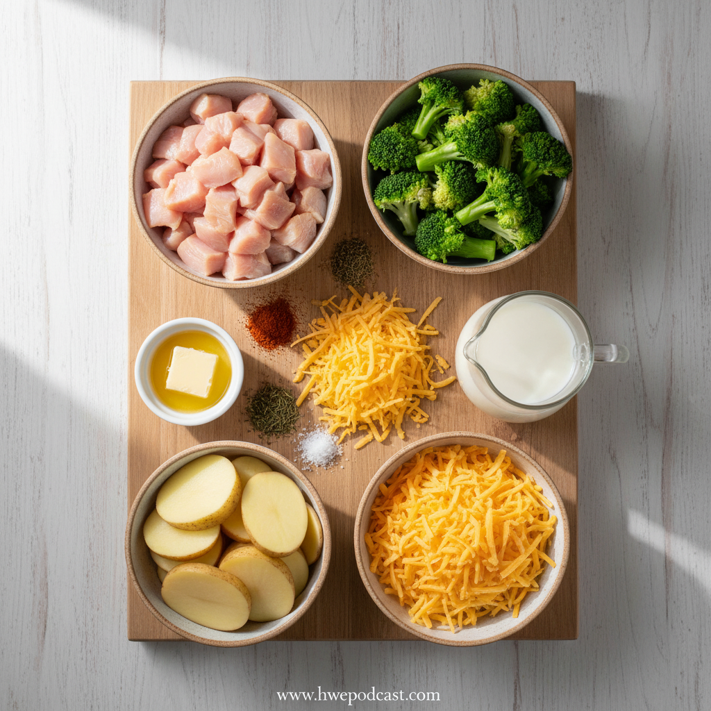 Fresh ingredients for chicken potato broccoli casserole arranged on counter
