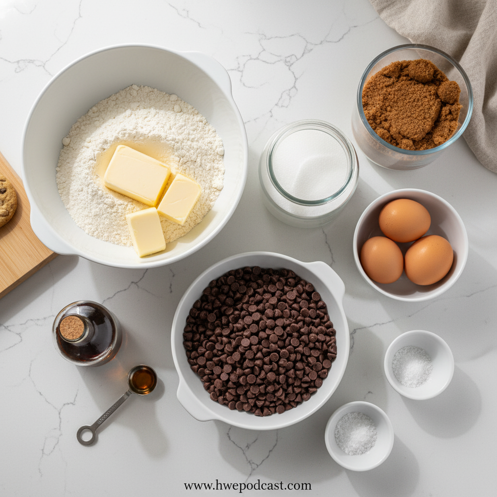 All ingredients laid out for making chocolate chip cookies