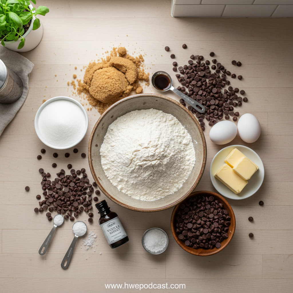 All ingredients for chocolate chip cookies laid out on counter