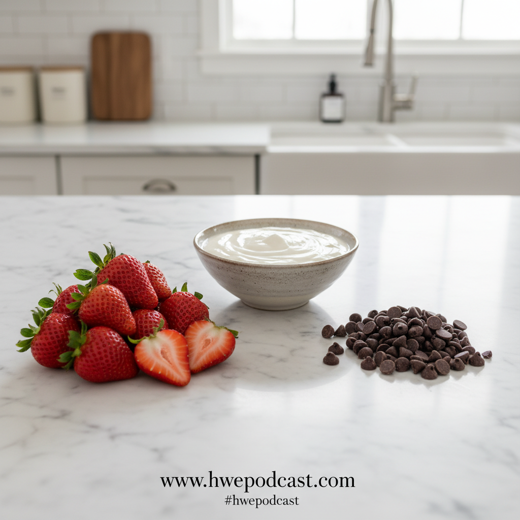 Ingredients for chocolate strawberry yogurt clusters laid out on counter
