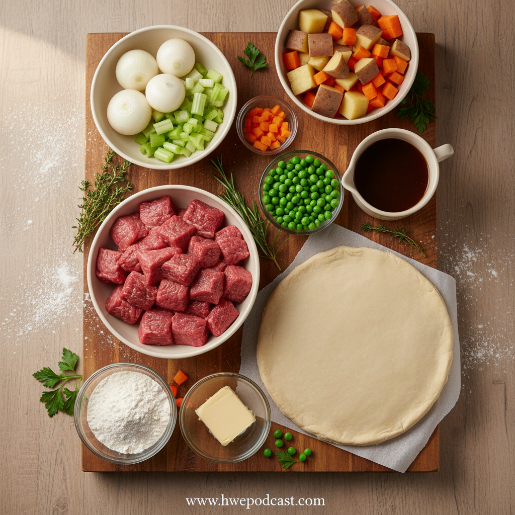Fresh ingredients for making beef pot pie including beef, vegetables, and pastry