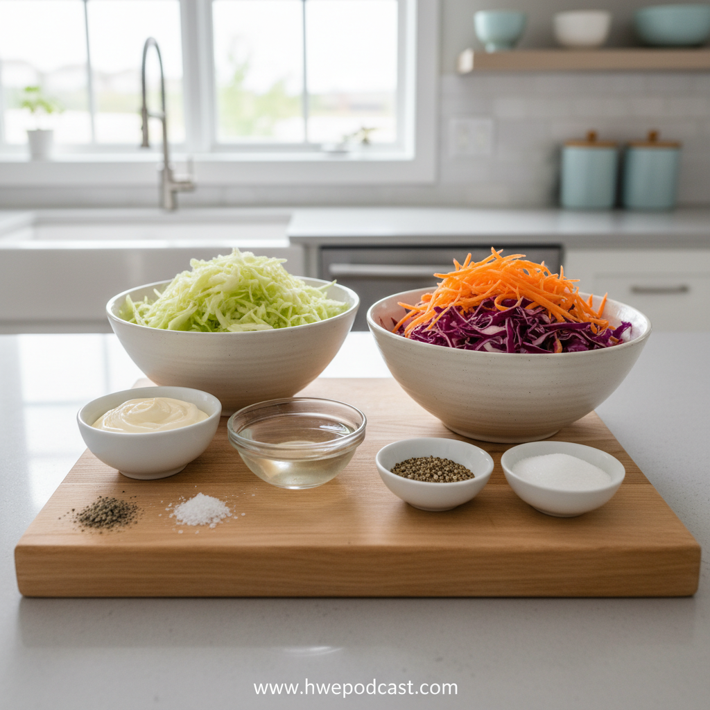 Fresh ingredients for making homemade coleslaw including cabbage, carrots, and dressing components