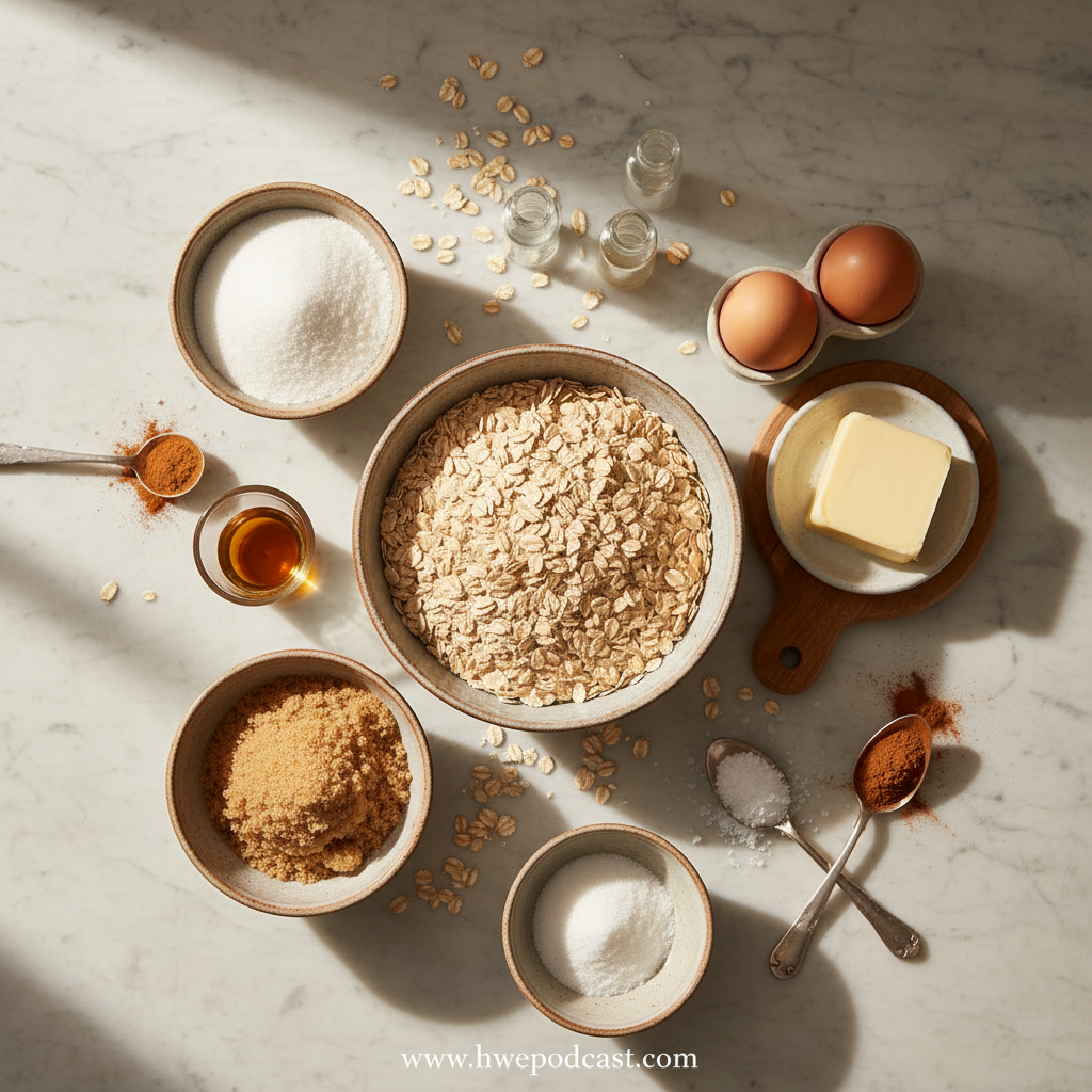 Ingredients for making classic oatmeal cookies