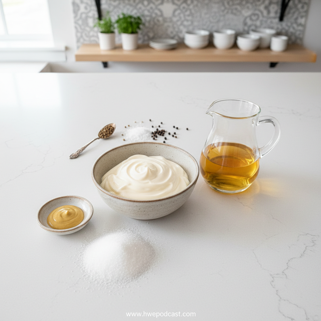 Ingredients for coleslaw dressing including mayonnaise, vinegar, sugar and spices