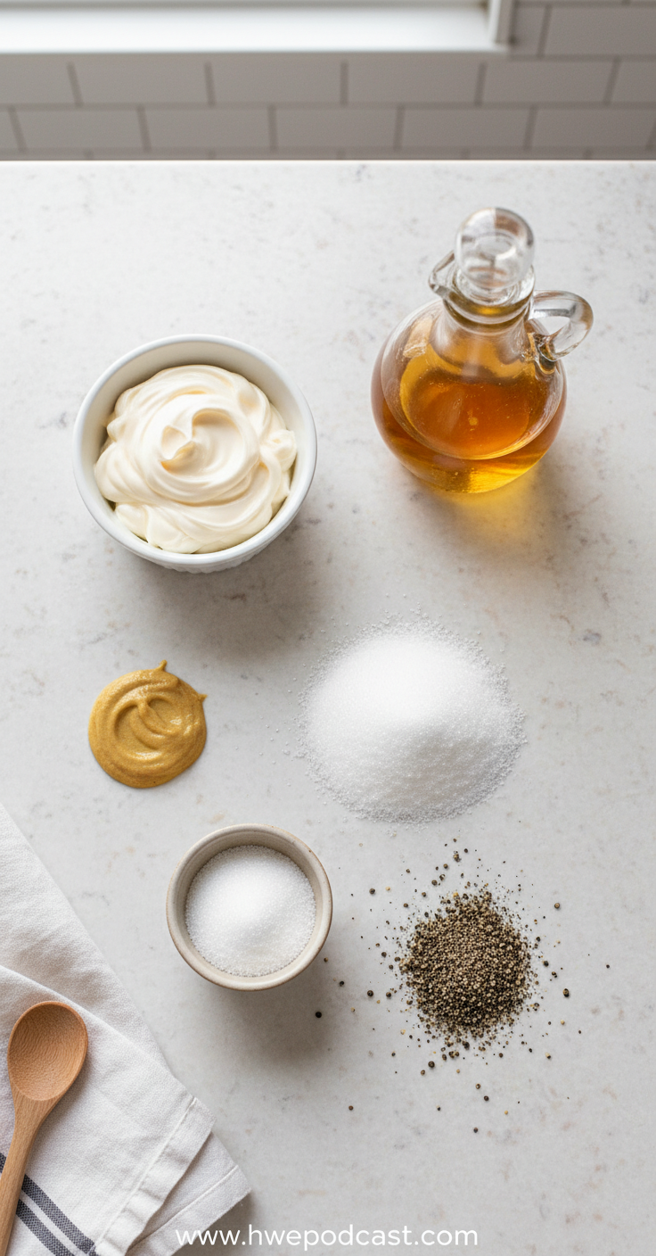 Ingredients for sweet tangy coleslaw dressing laid out on counter